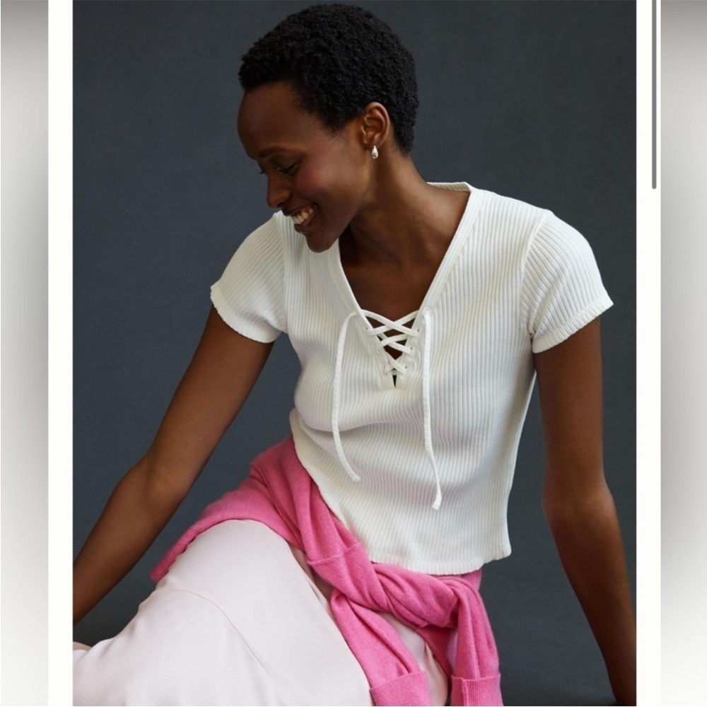 Anthropologie Lace-Up Ribbed Baby Tee in White
